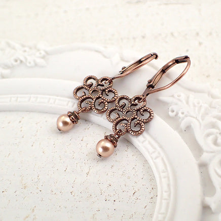 Dainty Copper Filigree Earrings with Rose Gold Pearls