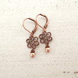 Dainty Copper Filigree Earrings with Rose Gold Pearls view 2