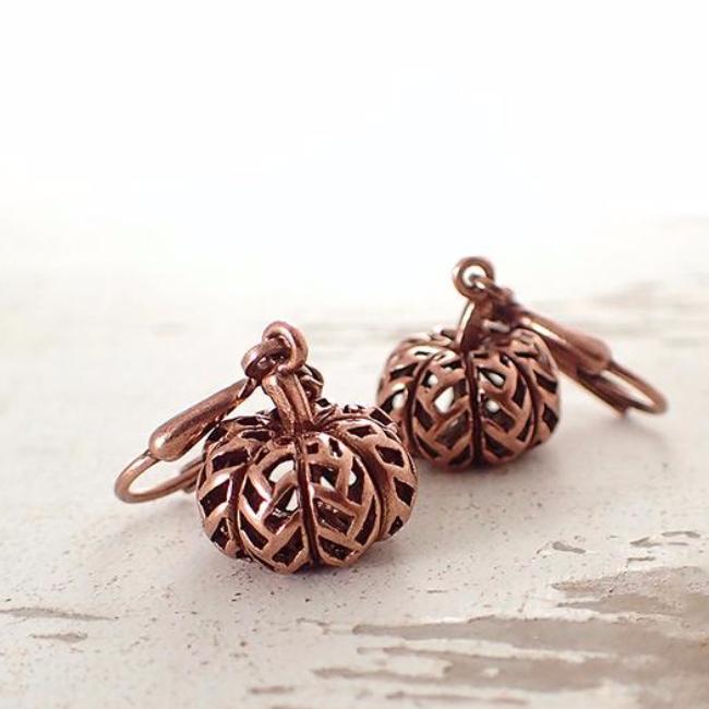 Antiqued Copper Carved Pumpkin Earrings