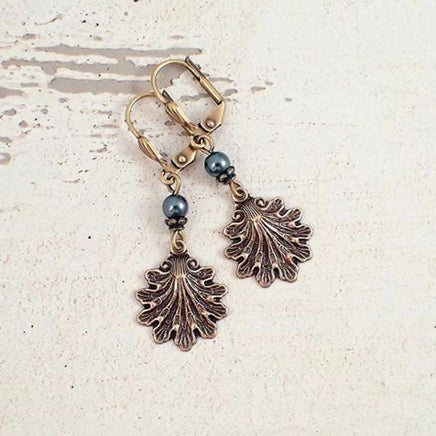 Bronze Seashell Earrings with Dark Teal Pearls
