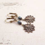Bronze Seashell Earrings with Dark Teal Pearls