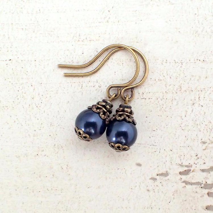 Dainty Midnight Blue Crystal Simulated Pearl Earrings