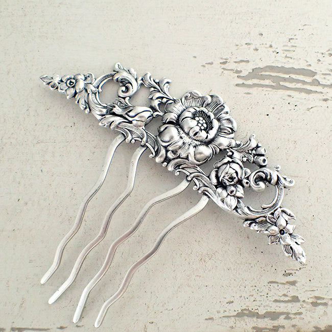 Floral Victorian Hair Comb in Antiqued Silver