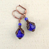 Bright Blue Filigree Wrapped Crystal Earrings