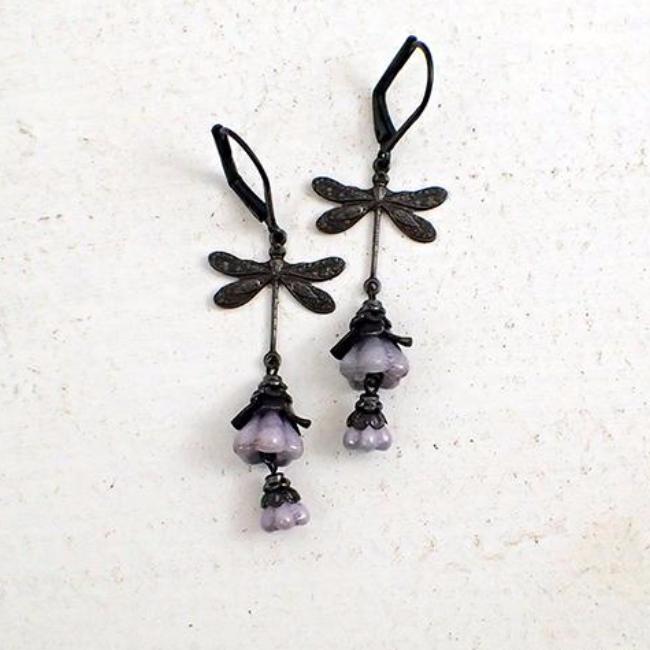 Black Metal Dragonfly Floral Earrings