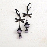 Black and Purple Metal Dragonfly Floral Earrings