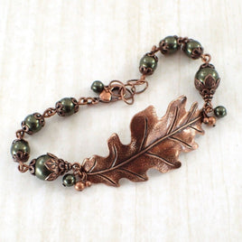 Dark Green Pearl and Copper Oak Leaf Bracelet