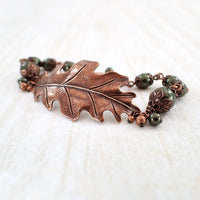 Dark Green Pearl and Copper Oak Leaf Bracelet
