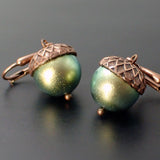 Acorn Earrings with Iridescent Light Green Crystal Pearls and Antiqued Copper