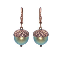 Acorn Earrings with Iridescent Light Green Crystal Simulated Pearls and Antiqued Copper