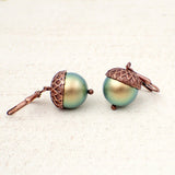 Acorn Earrings with Iridescent Light Green Crystal Simulated Pearls and Antiqued Copper