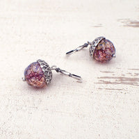 Translucent Lavender Czech Glass Acorn Earrings with Antiqued Silver
