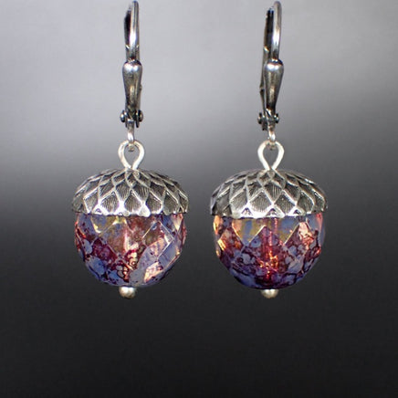 Translucent Lavender Czech Glass Acorn Earrings with Antiqued Silver