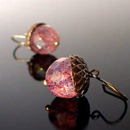 Pink Czech Glass Acorn Earrings with Antiqued Brass Vintage Style Caps