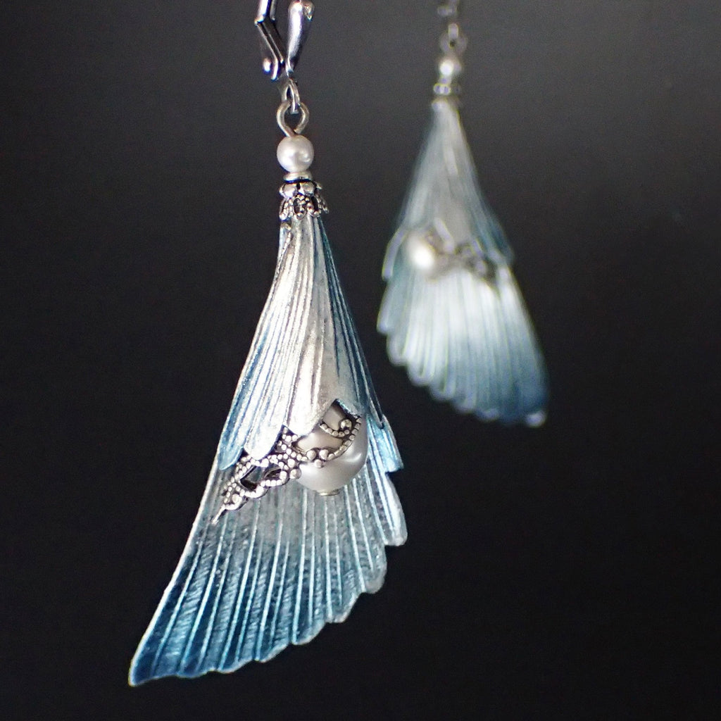 Ethereal Iridescent Blue and Silver Angel Wing Earrings