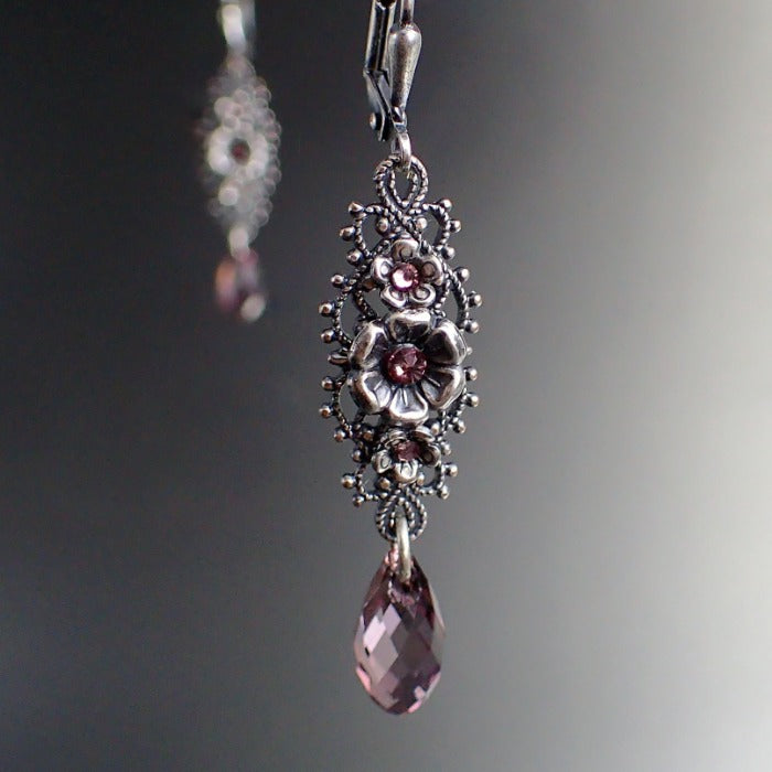 Antique Style Dusty Pink Floral Crystal Earrings