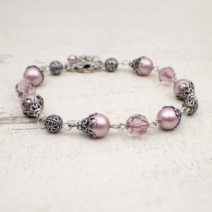 Powder Pink Crystal Pearl Bracelet with Antiqued Silver Filigree