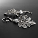 Antiqued Silver Oak Leaf Earrings with White Crystal Simulated Pearls