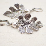 Antiqued Silver Oak Leaf Earrings with White Swarovski Pearls
