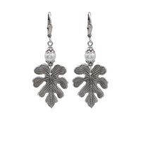 Antiqued Silver Oak Leaf Earrings with White Crystal Simulated Pearls