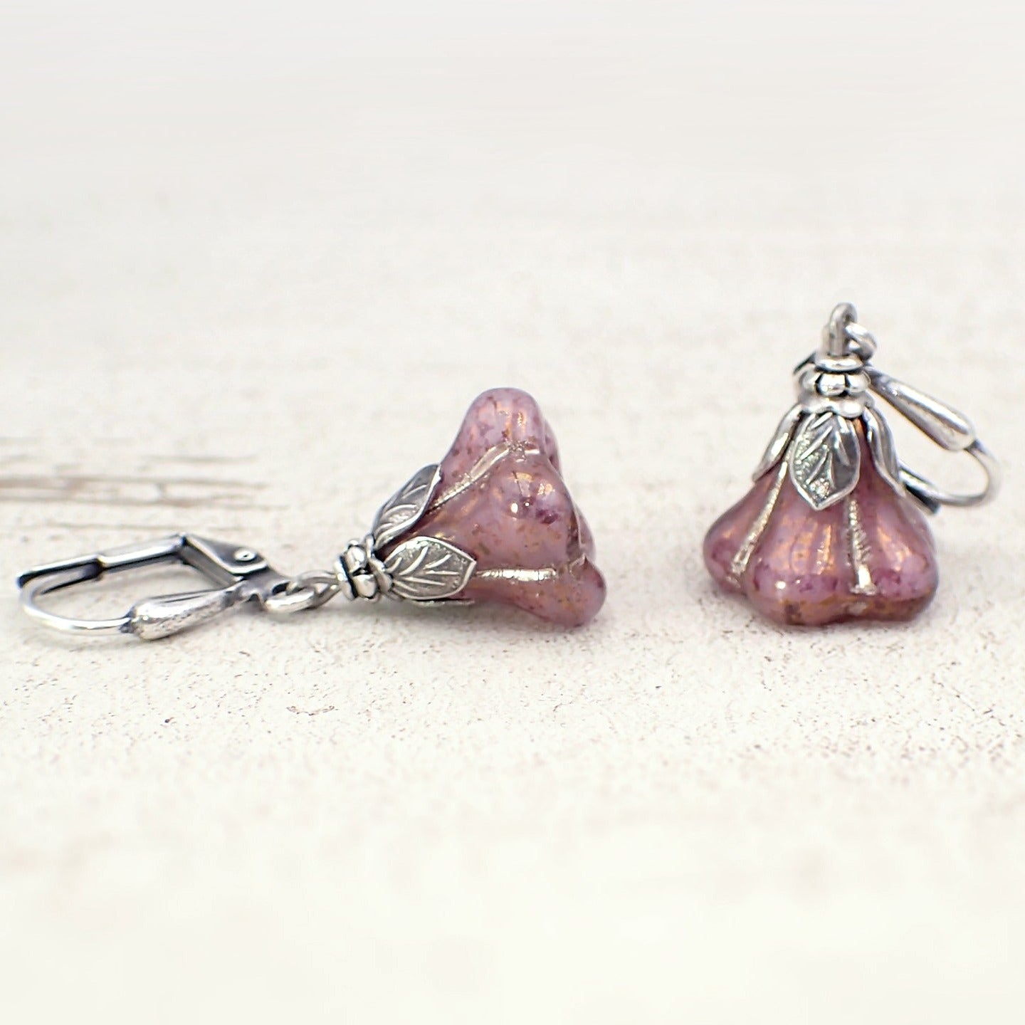 Czech Glass Flower Earrings with Dusty Lavender Pink Artisan Czech Beads and Antiqued Silver Metal