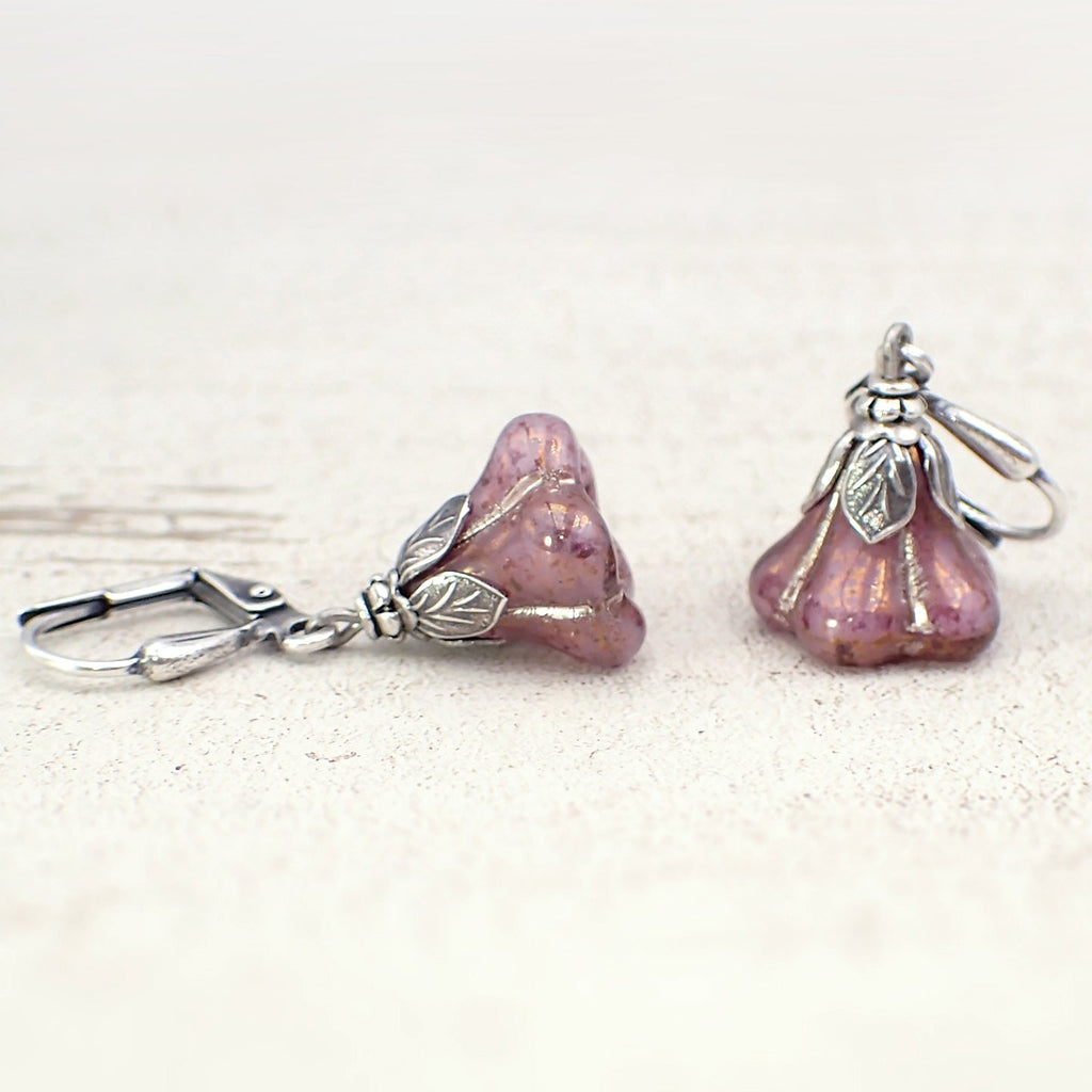 Dusty Purplish Pink Czech Glass Bell Flower Earrings