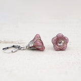 Dusty Purplish Pink Czech Glass Bell Flower Earrings