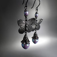 Black Metal Butterfly Floral Earrings with Iridescent Purple Crystal Pearls
