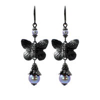 Black Metal Butterfly Floral Earrings with Iridescent Purple Crystal Pearls
