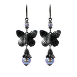 Black Metal Butterfly Floral Earrings with Iridescent Purple Crystal Pearls
