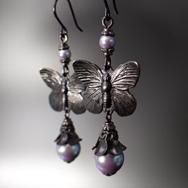 Black Metal Butterfly Floral Earrings with Iridescent Purple Crystal Pearls