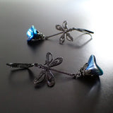 Black Dragonfly Earrings with Filigree Cut Outs and Metallic Blue Flowers