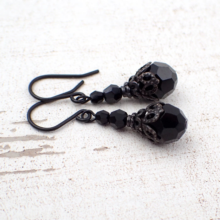 Victorian Gothic Earrings with Jet Black Crystals