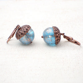 Acorn Lever Back Earrings with Blue Czech Glass Beads