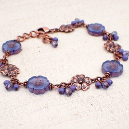 Lavender and Blue Translucent Czech Glass Flower Beaded Bracelet