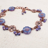 Lavender and Blue Translucent Czech Glass Flower Beaded Bracelet