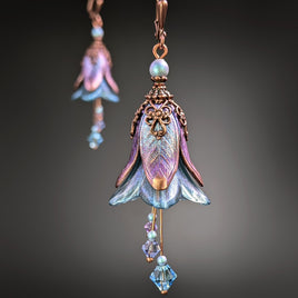 Iridescent Lavender and Blue Lucite Flower Earrings with Crystal Beads