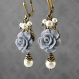 Dusty Blue and Ivory Shabby Rose Earrings view 2