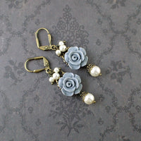 Dusty Blue and Ivory Shabby Rose Earrings - view 3