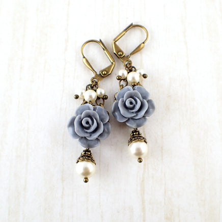 Dusty Blue and Ivory Shabby Rose Earrings - view 4