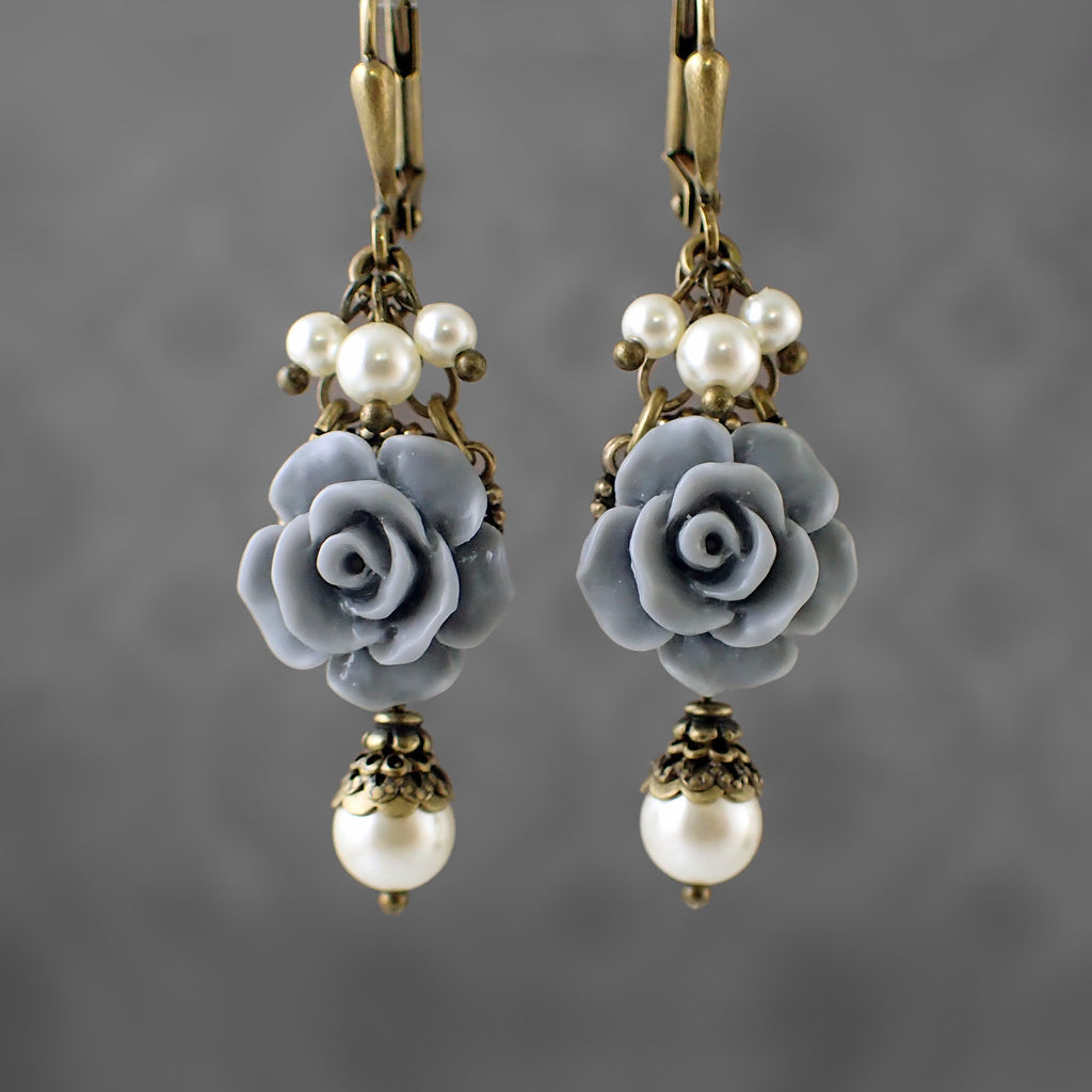 Dusty Blue and Ivory Shabby Rose Earrings