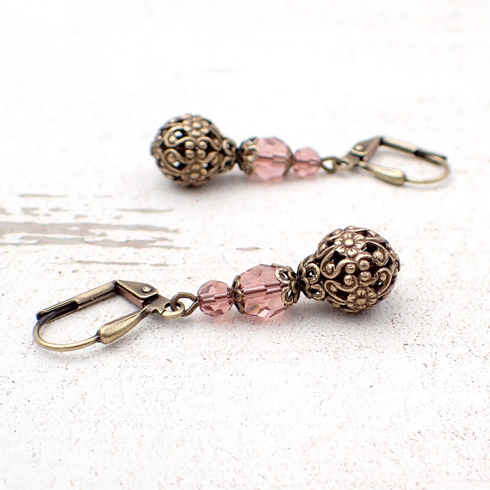 Blush Rose Crystal Earrings with Floral Filigree Beads