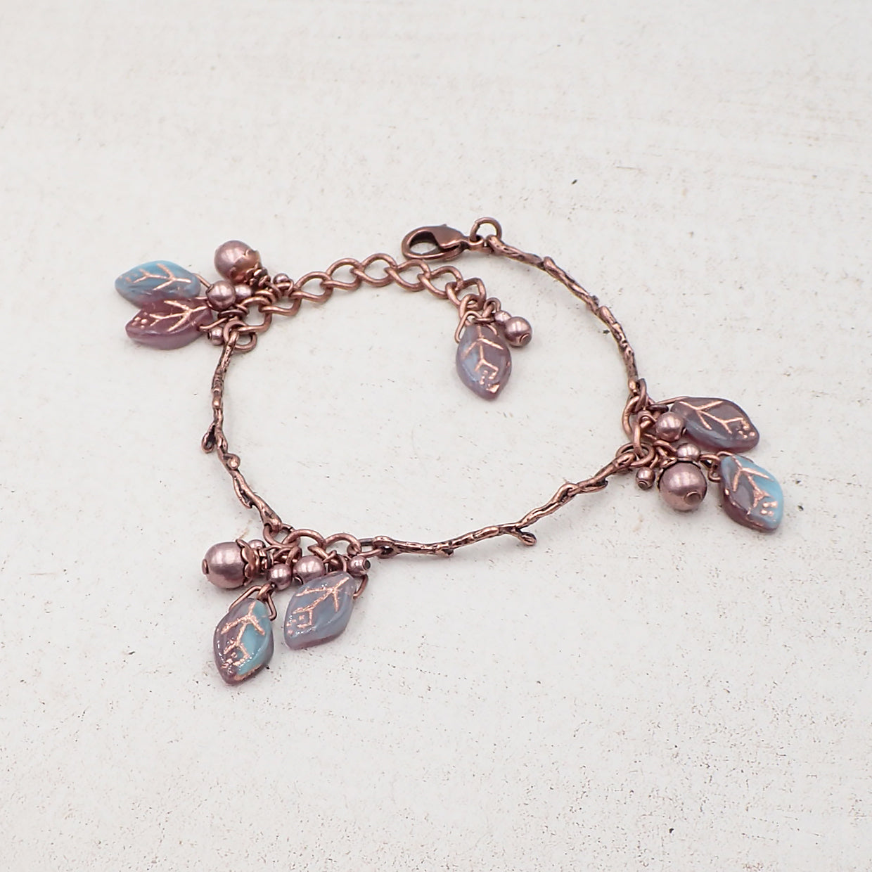 Boho Branch Bracelet Handmade with Aqua and Purple Artisan Czech Glass Leaf Beads and Antiqued Copper