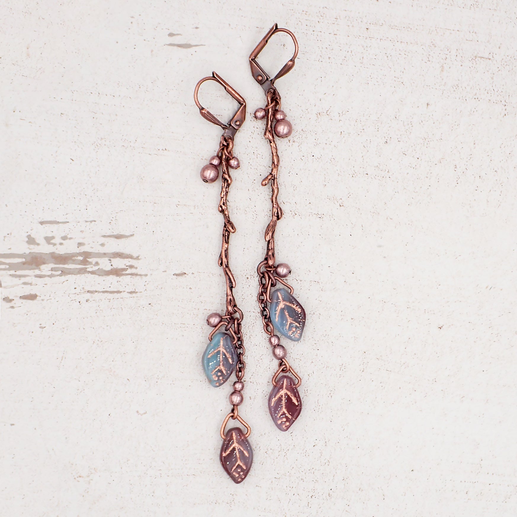 Handmade Boho Branch Earrings with Aqua and Purple Artisan Czech Glass Leaf Beads and Antiqued Copper