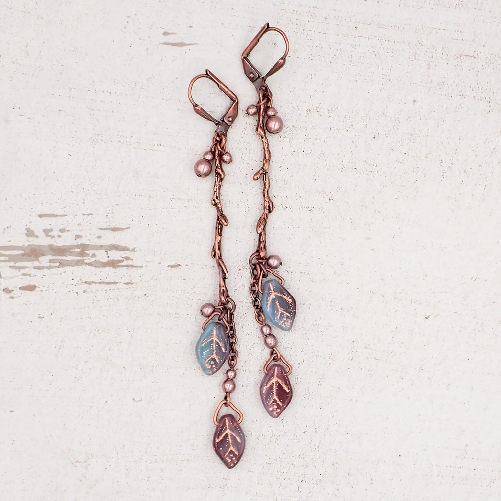 Boho Branch Earrings with Aqua and Purple Artisan Czech Glass Leaf Beads