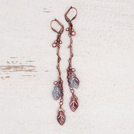 Handmade Boho Branch Earrings with Aqua and Purple Artisan Czech Glass Leaf Beads and Antiqued Copper