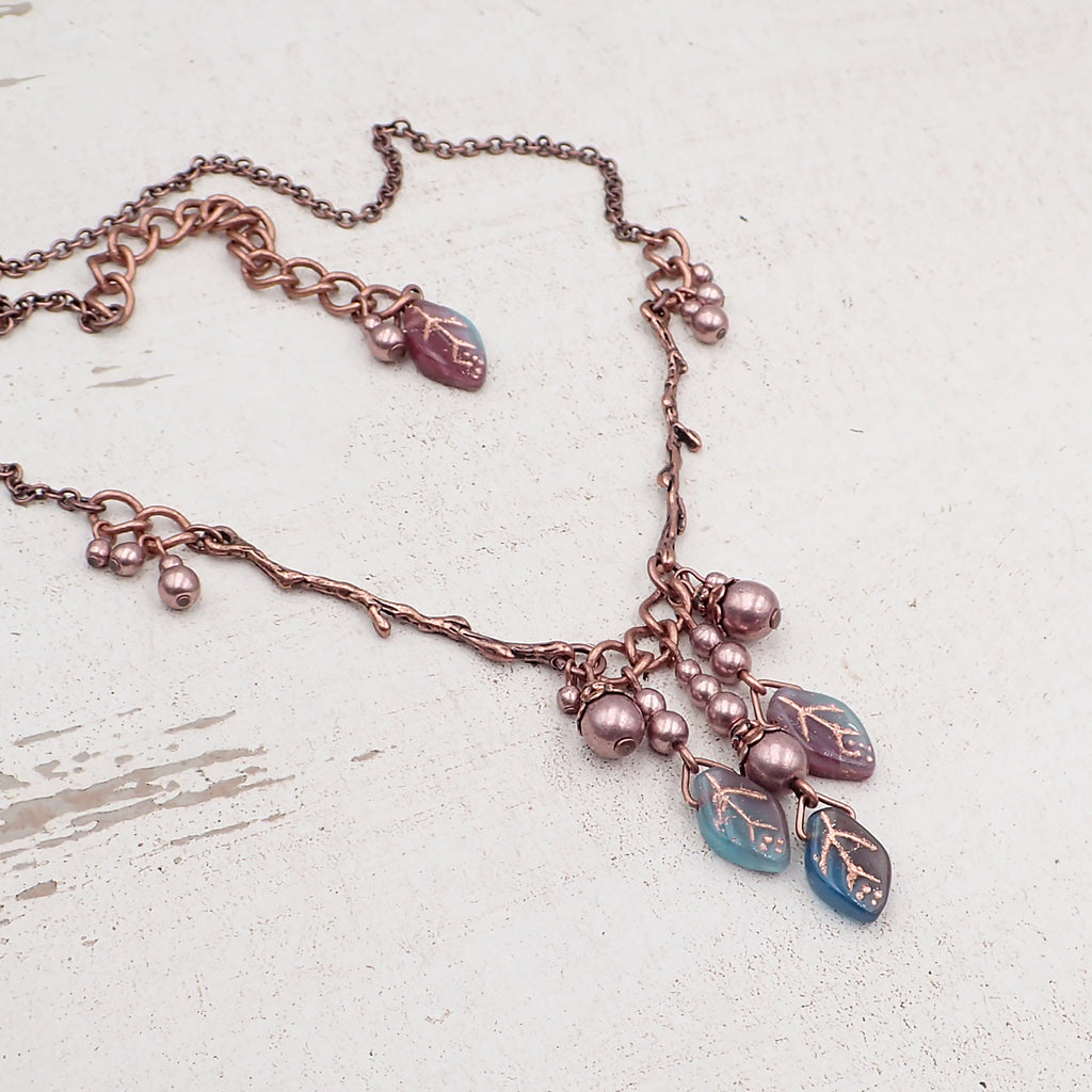 Boho Branch Necklace with Artisan Czech Glass Leaf Beads and Antiqued Copper