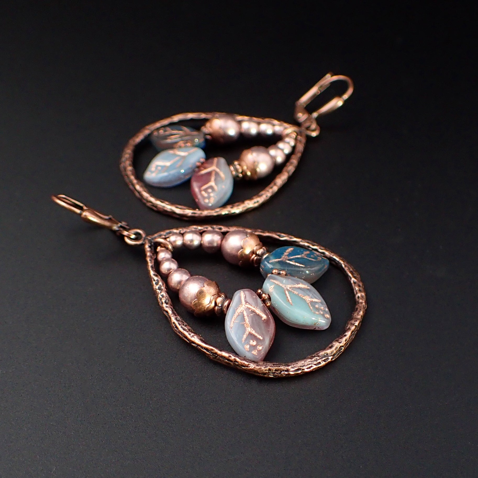 Blue Glass Leaf Copper Boho Dangle Earrings with Niobium Ear wires