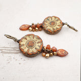 Autumn Flower Earrings with Rustic Burnt Orange Handmade Artisan Czech Glass Beads and Antiqued Brass