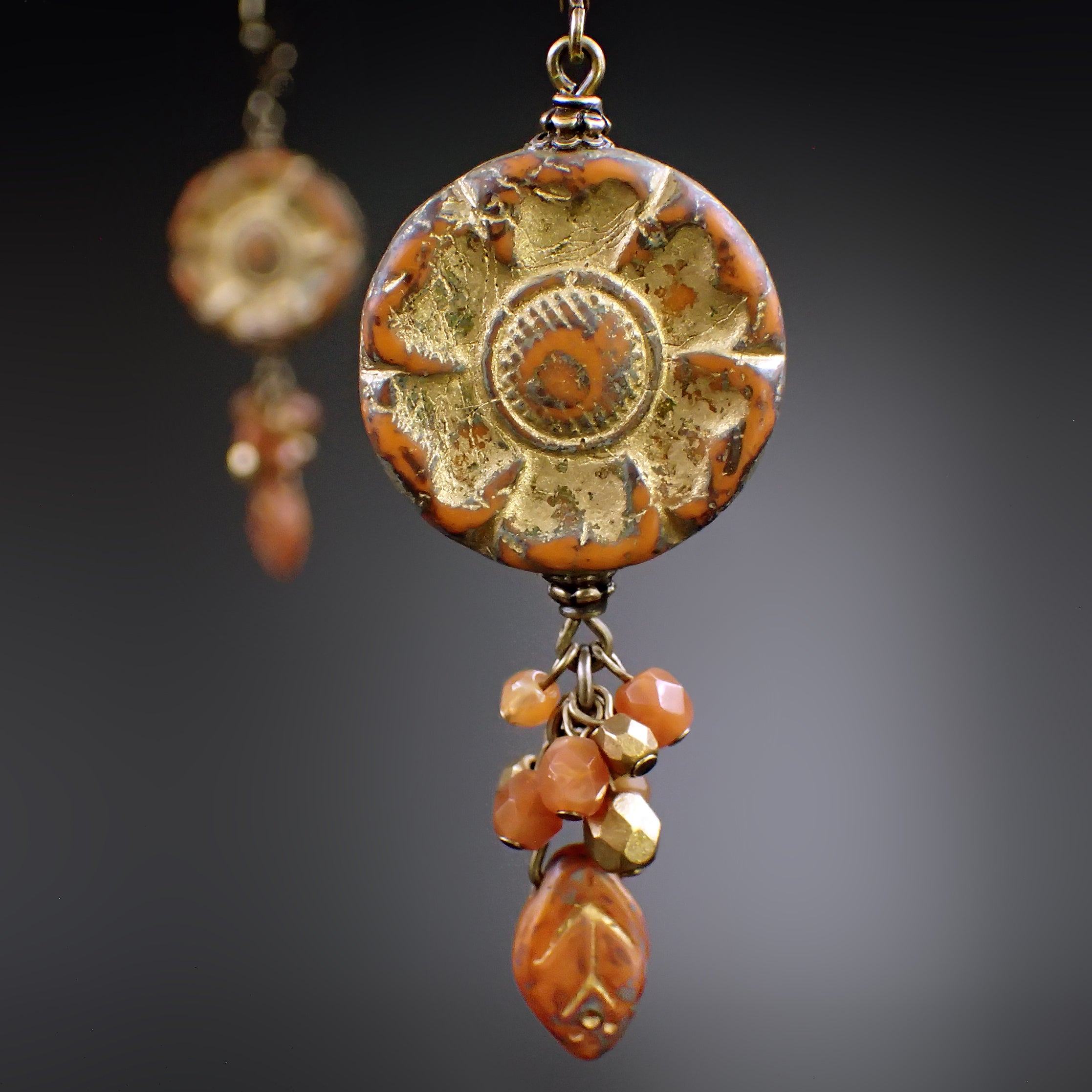 Autumn Flower Earrings with Rustic Burnt Orange Handmade Artisan Czech Glass Beads and Antiqued Brass